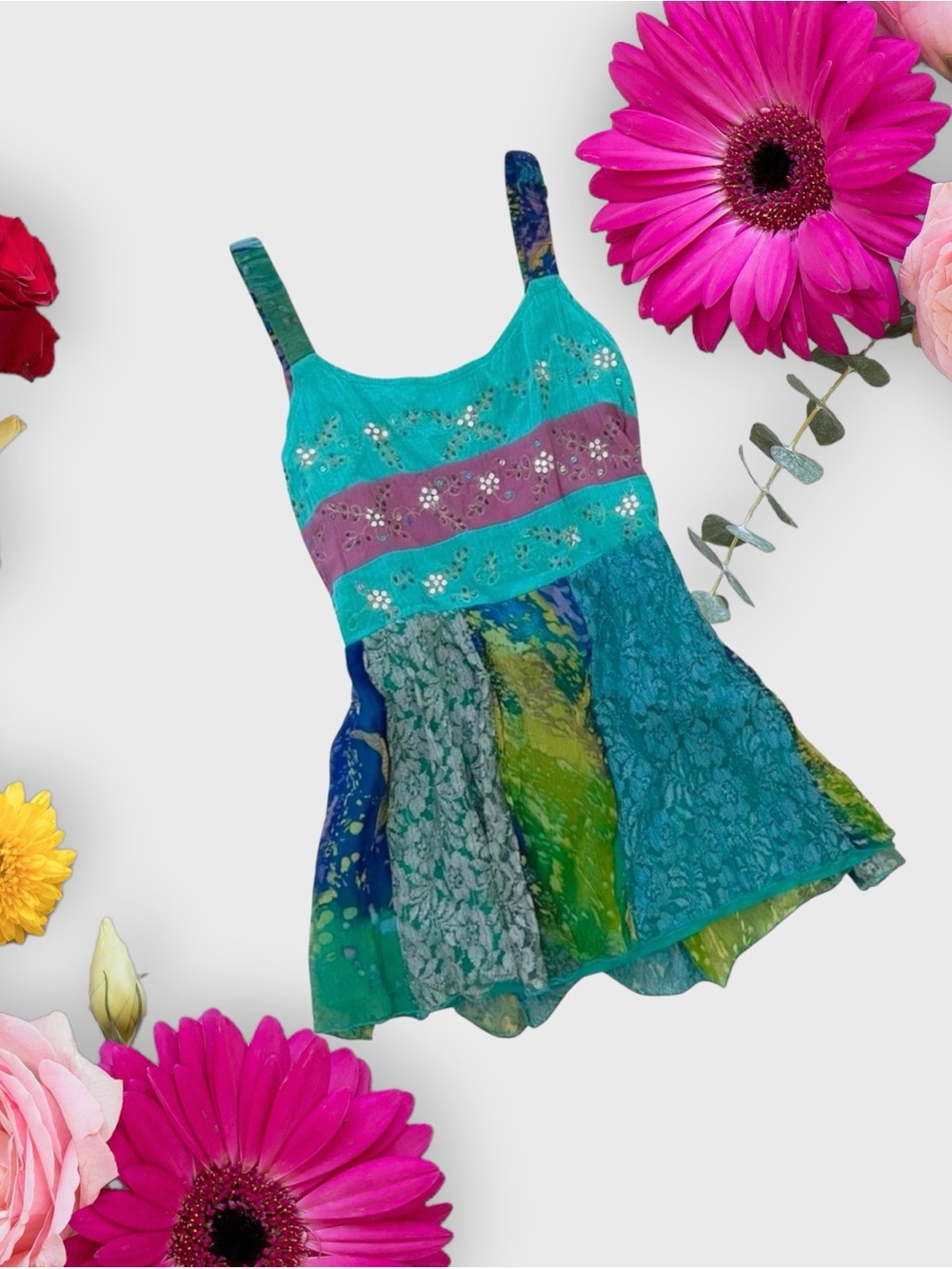 Ulla Popken Teal & Purple Patchwork Patterned Sequined Plus-size Tank Tunic-Top